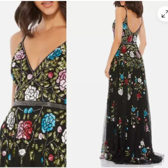 MAC DUGGAL 5400 FLORAL EMBELLISHED A-LINE BLACK/multi color GOWN DRESS sz 4 - Picture 2 of 6